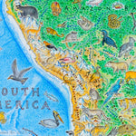 A map of South America with wild animals drawn on it. Especially showing Peru, Bolivia, Paraguay, and the southern Amazon.