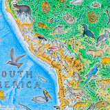 A map of South America with wild animals drawn on it. Especially showing Peru, Bolivia, Paraguay, and the southern Amazon.