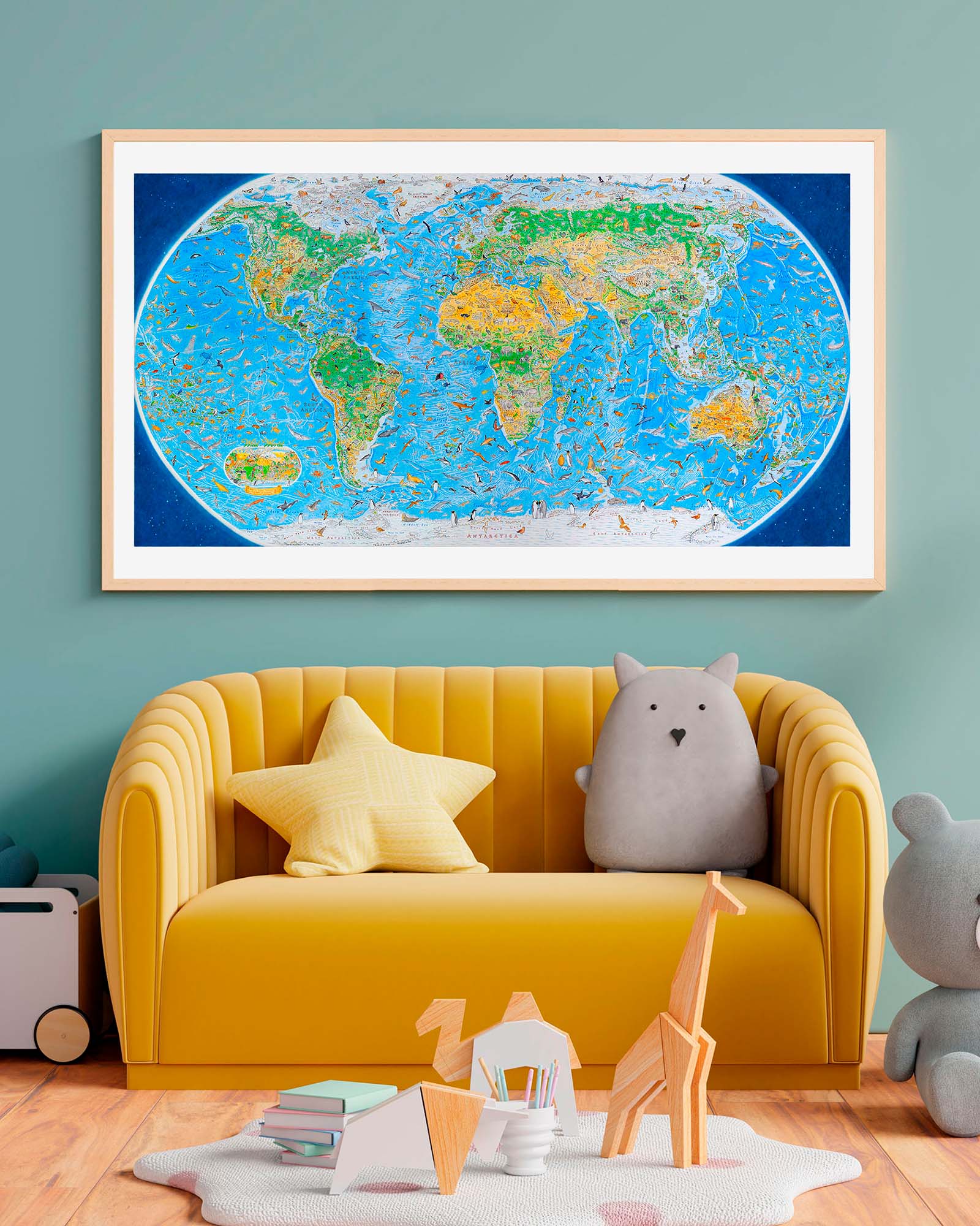 Wild World Map with over 1,600 animals by Anton Thomas in a child's bedroom