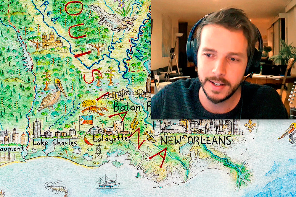 Anton Thomas, the artist cartographer who hand draws maps with much detail, in a video exploring the Mississippi River from his North America: Portrait of a Continent map.