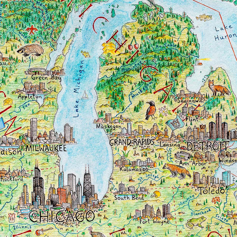 Pictorial map of the Midwest USA including Chicago, by artist Anton Thomas